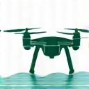 空を飛ぶ調査用航空ドローンのアイコン。