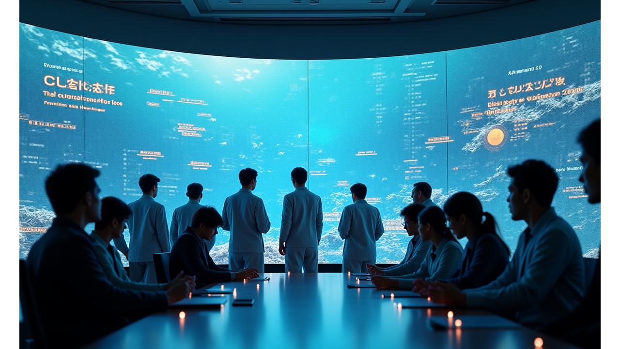 研究者や政策決定者が海洋データを分析し、議論している様子。背景には環境監視や資源管理のイメージが融合されている。