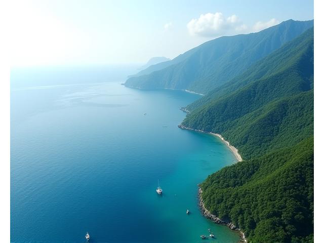 日本の美しいリアス式海岸。穏やかな入り江と緑豊かな山々が続き、沿岸漁業の風景が広がる。