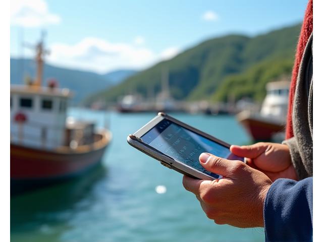 沿岸漁師がタブレットで漁獲データを入力する様子