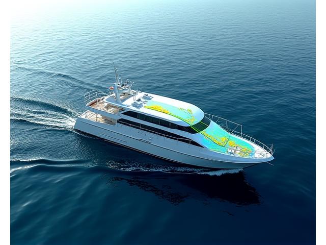 漁船が効率的なルートで移動し、魚群を示すヒートマップがあるダッシュボードイメージ。燃料消費と漁獲量のグラフも表示されている。